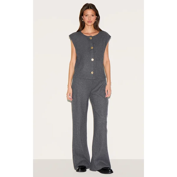 Dark Grey Brushed Rib Low Rise Straight Pants