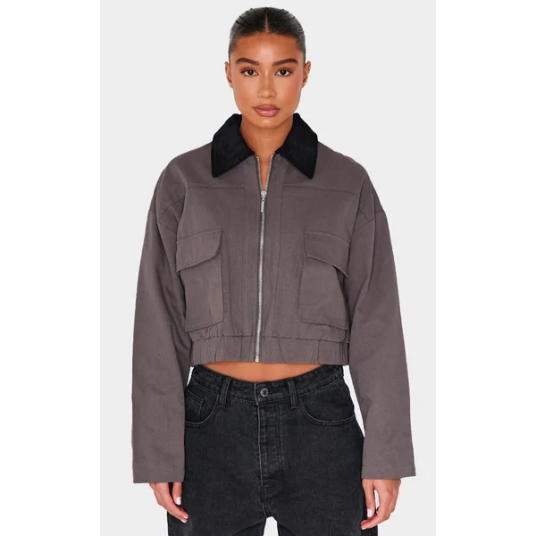 Dark Grey Contrast Collar Twill Jacket