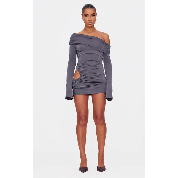 Dark Grey Double Slinky Asymmetric Cut Out Mini Dress