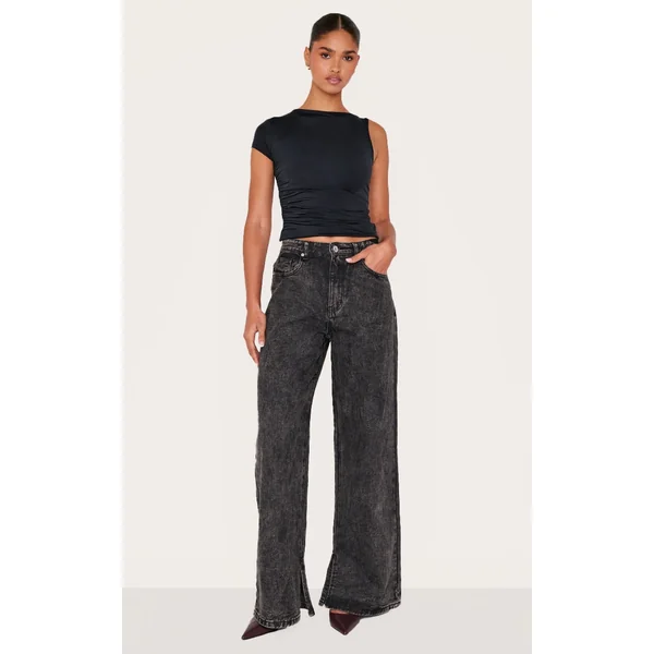 Dark Grey High Rise Split Hem Wide Leg Jeans