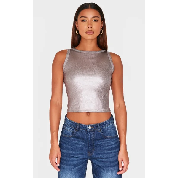 Dark Grey Metallic Ribbed Racer Long Vest Top