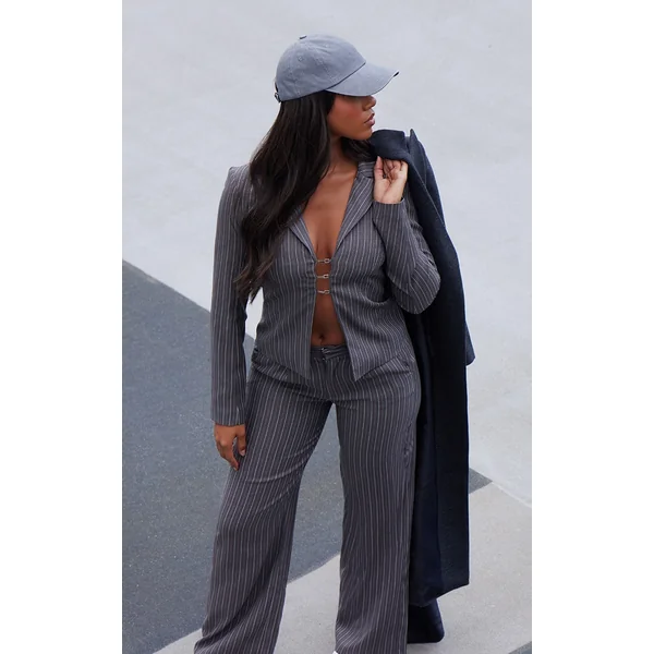 Dark Grey Open Front Pinstripe Fitted Shirt