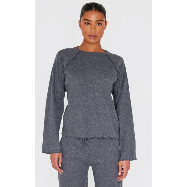 Dark Grey Ribbed Oversized Seam Detail Long Top