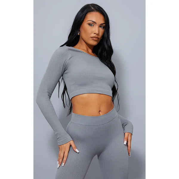 Dark Grey Structured Snatched Ribbed Round Neck Long Sleeve Crop Top