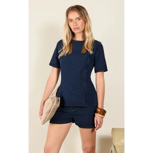 Dark Indigo Cinched Waist Peplum Denim Top