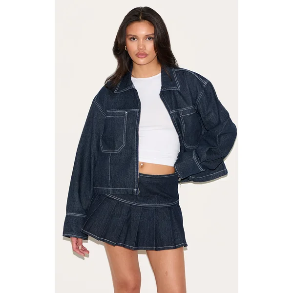 Dark Indigo Contrast Stitch Pleated Denim Mini Skirt