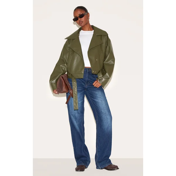 Dark Khaki Faux Leather Belted Relaxed Fit Biker Jacket