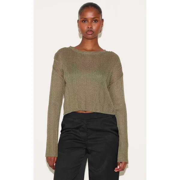 Dark Khaki Sheer Knit Oversized Top