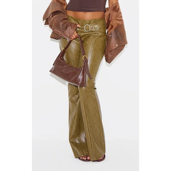 Dark Khaki Snake Print Faux Leather Low Rise Pants