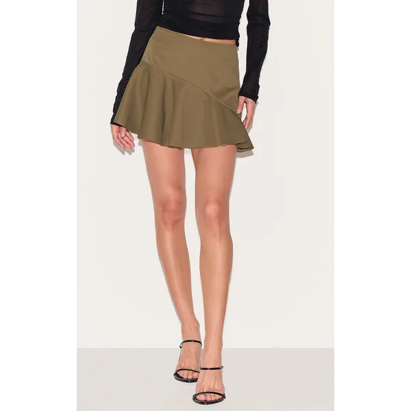 Dark Khaki Tailored Woven Scalloped Edge Mini Skirt