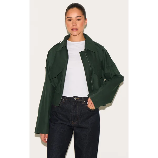 Dark Khaki Trench Detail Cropped Zip Up Jacket