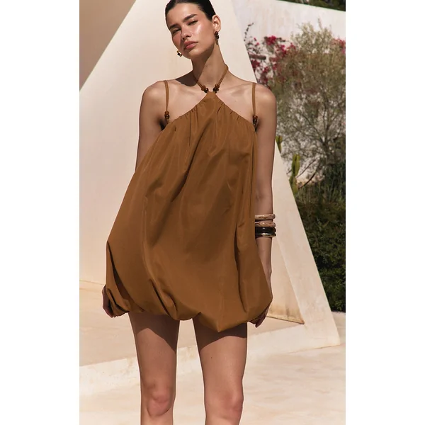 Dark Ochre Halterneck Bead Detail Puffball Dress