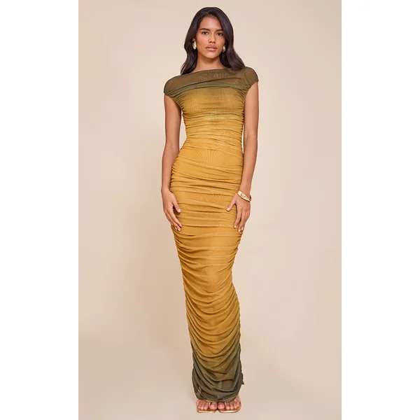 Dark Ochre Ombre Lined Mesh Ruched Midaxi Dress