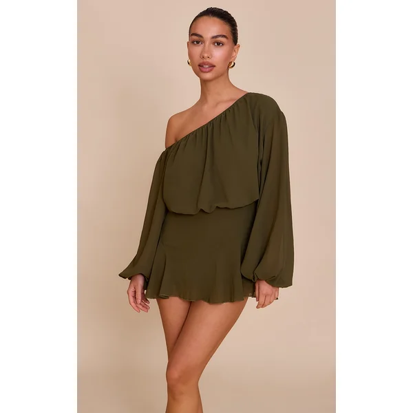 Dark Olive Chiffon One Shoulder Floaty Skort Romper
