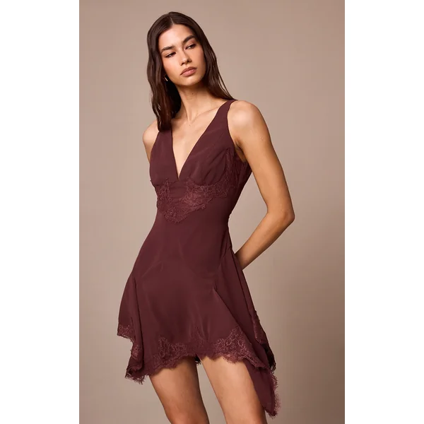 Dark Plum Chiffon Sheer Lace Trim Plunge Bodycon Dress