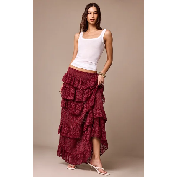 Dark Plum Lace Tiered Floaty Maxi Skirt