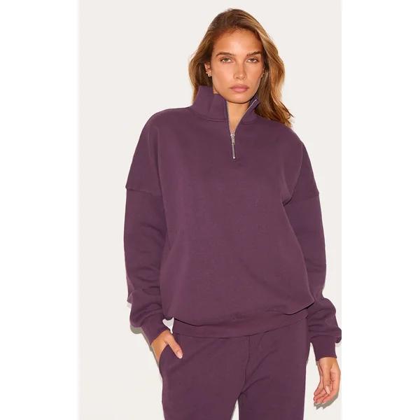 Dark Plum Premium High Neck Quarter Zip Oversized Sweatshirt