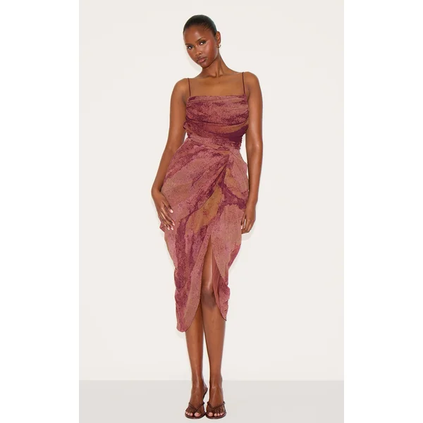 Dark Purple Abstract Print Chiffon Ruched Drape Midi Dress