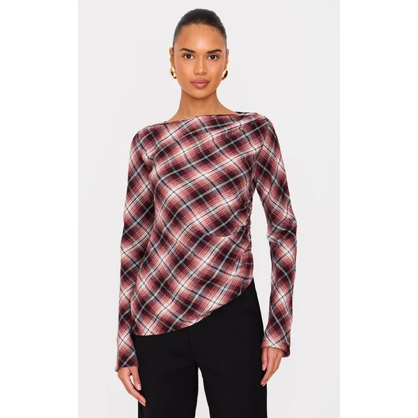 Dark Red Check Asymmetric Long Top