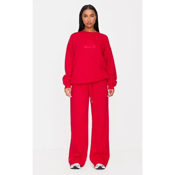 Dark Red Embroidered Straight Leg Sweatpants