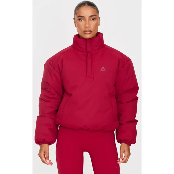 Dark Red High Neck Cropped Puffer Jacket