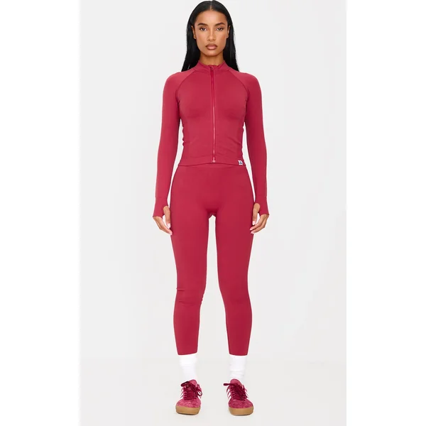 Dark Red Ribbed Detail Gym Leggings