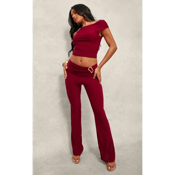 Dark Red Slinky Fold Over Metal Trim Skinny Flare Pants