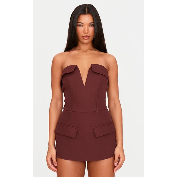 Dark Wine Structured Woven Corset Detail Bandeau Romper