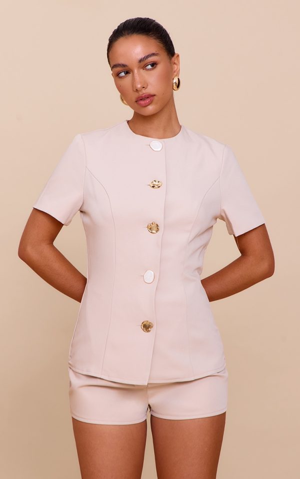 Almond Woven Short Sleeve Button Detail Romper