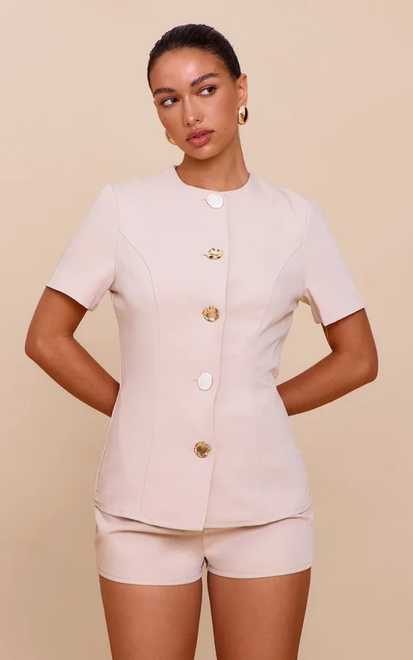 Almond Woven Short Sleeve Button Detail Romper