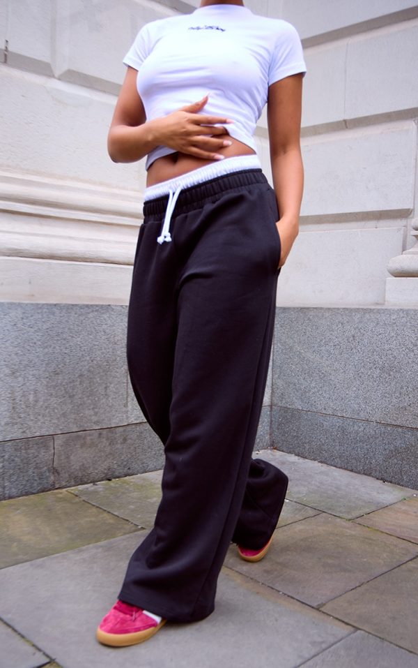 Black Boxer Waistband Wide Leg Sweat Sweatpants