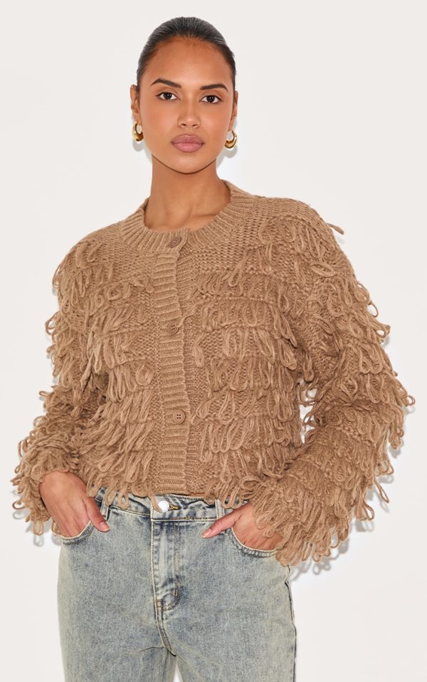 Taupe Loop Knit Crew Neck Button Up Cardigan