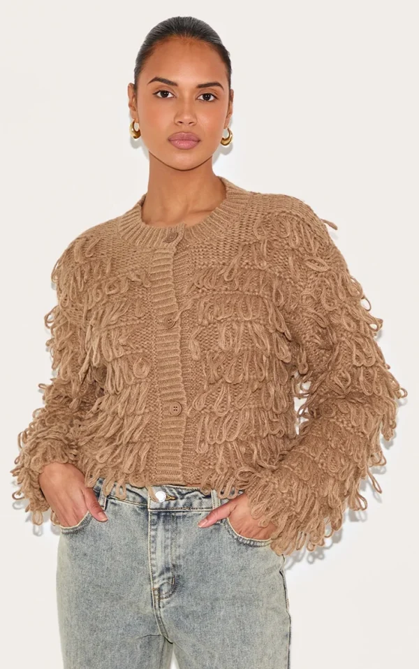 Taupe Loop Knit Crew Neck Button Up Cardigan