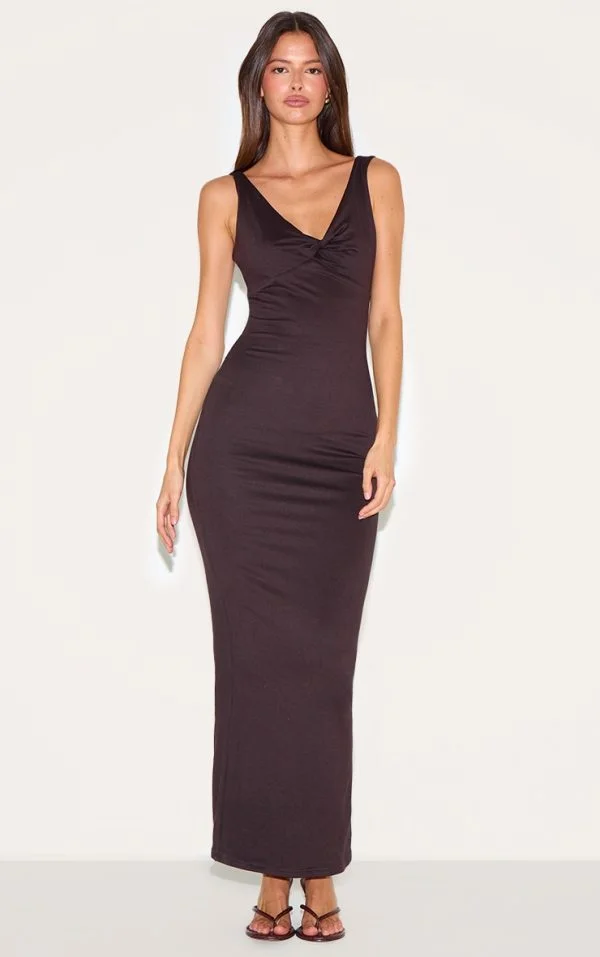 Chocolate Double Contour Twist Bust Detail Maxi Dress