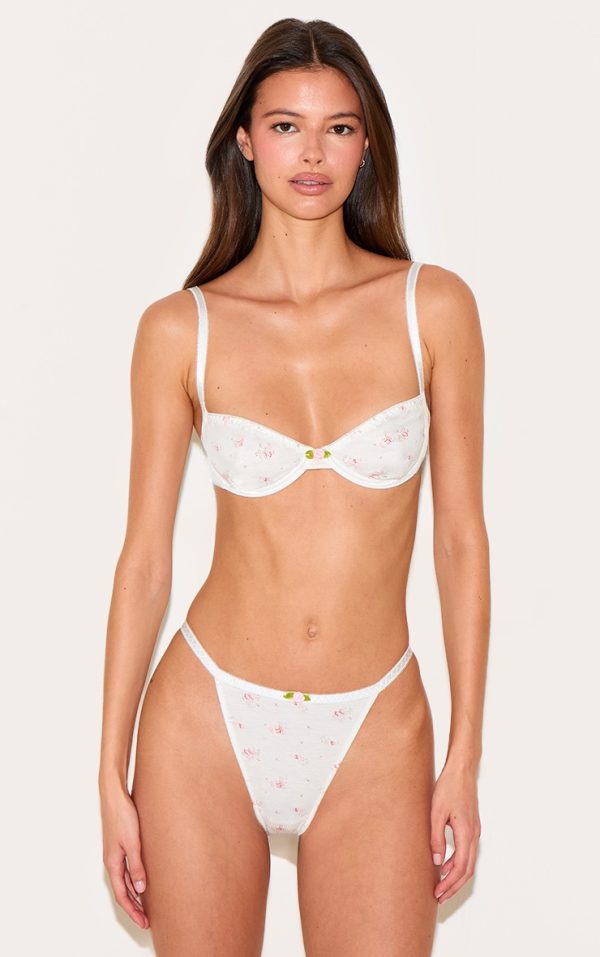 White Ribbed Jersey Floral Underwired Lingerie Set