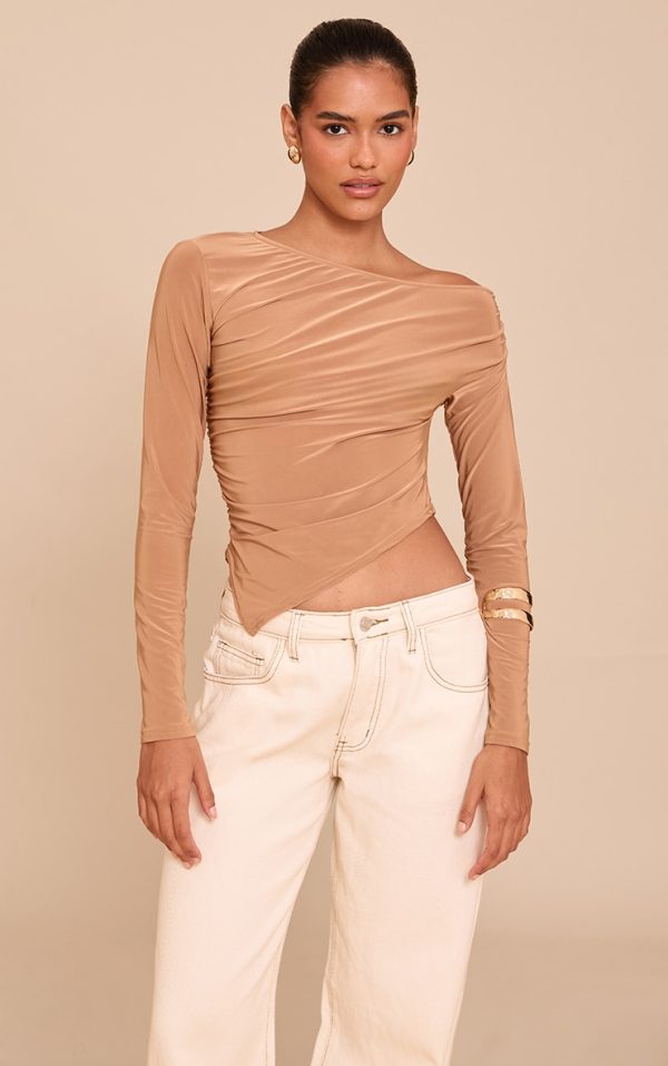 Tan Soft Touch Asymmetric Ruched Long Sleeve Top