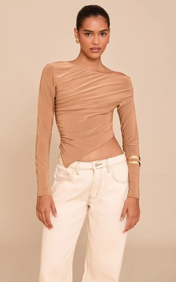 Tan Soft Touch Asymmetric Ruched Long Sleeve Top