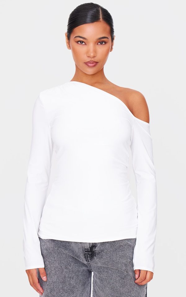 Cream Slinky Asymmetric Long Top
