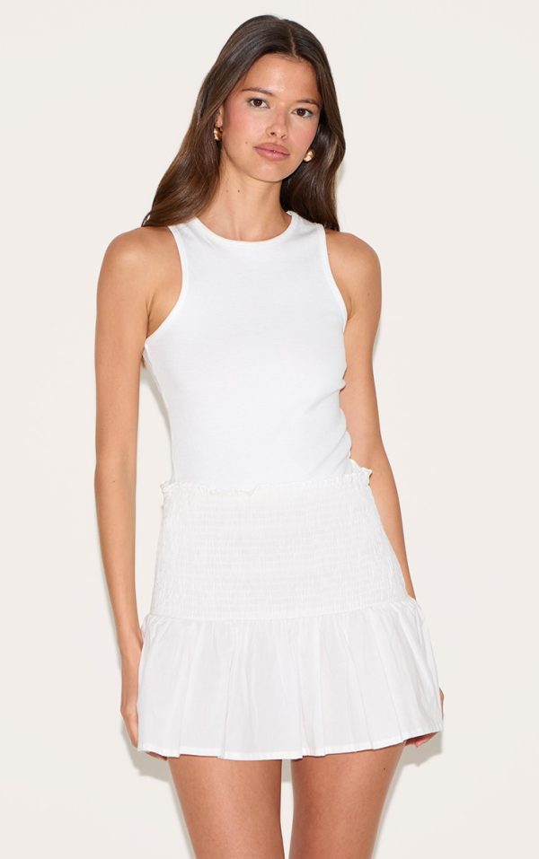 White Cotton Shirred Drop Waist Mini Skirt