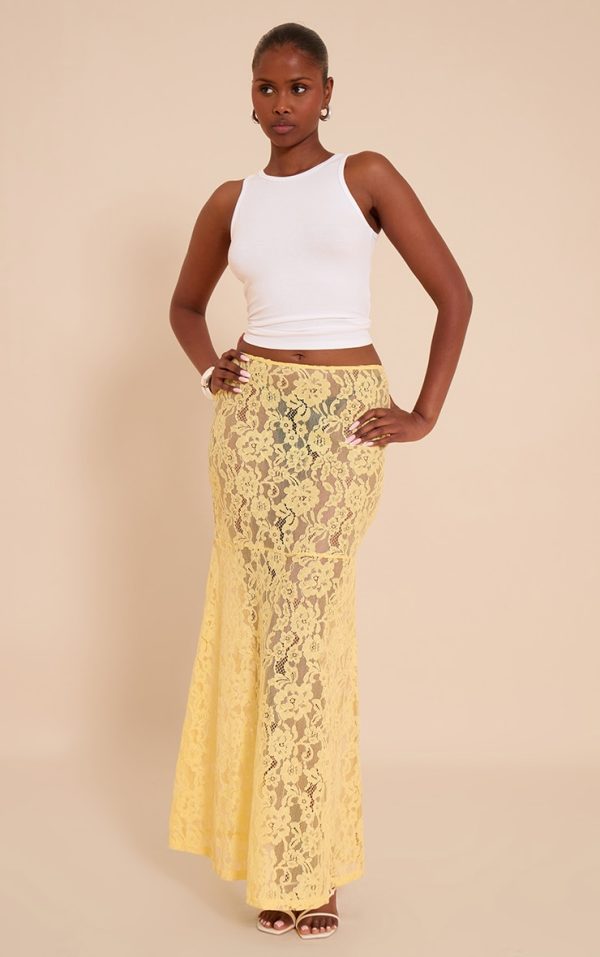 Lemon Floral Lace Sheer Maxi Skirt