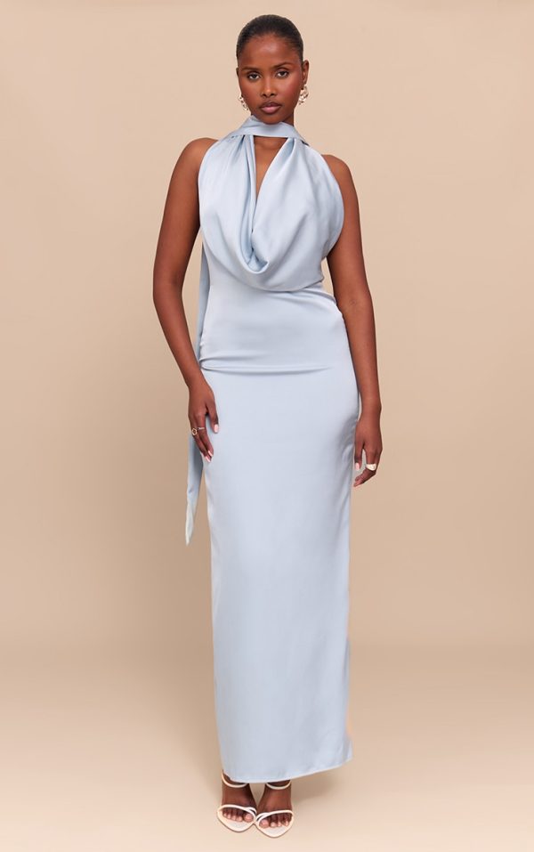Baby Blue Satin Cowl Neck Drape Maxi Dress