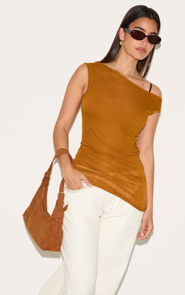 Tan Sheer Soft Touch Cowl Neck Long Vest Top