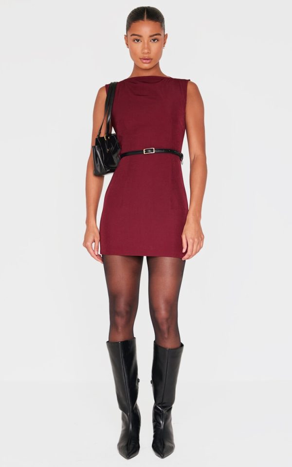 Wine Belted Boat Neck Mini Dress