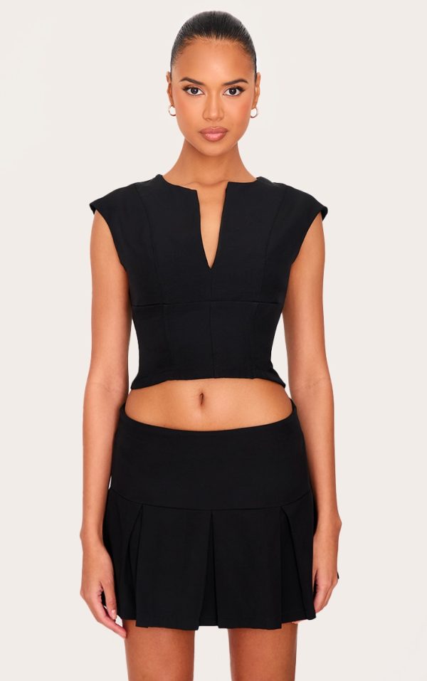 Black Tailored Woven Plunge Cap Sleeve Cinched Waist Long Top