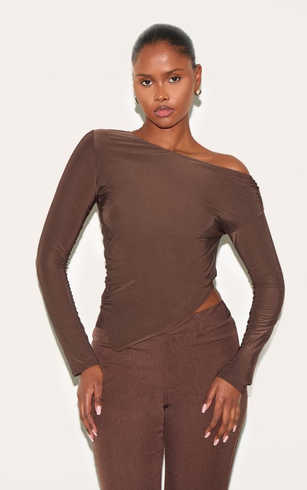Chocolate Soft Touch Asymmetric Ruched Long Sleeve Top
