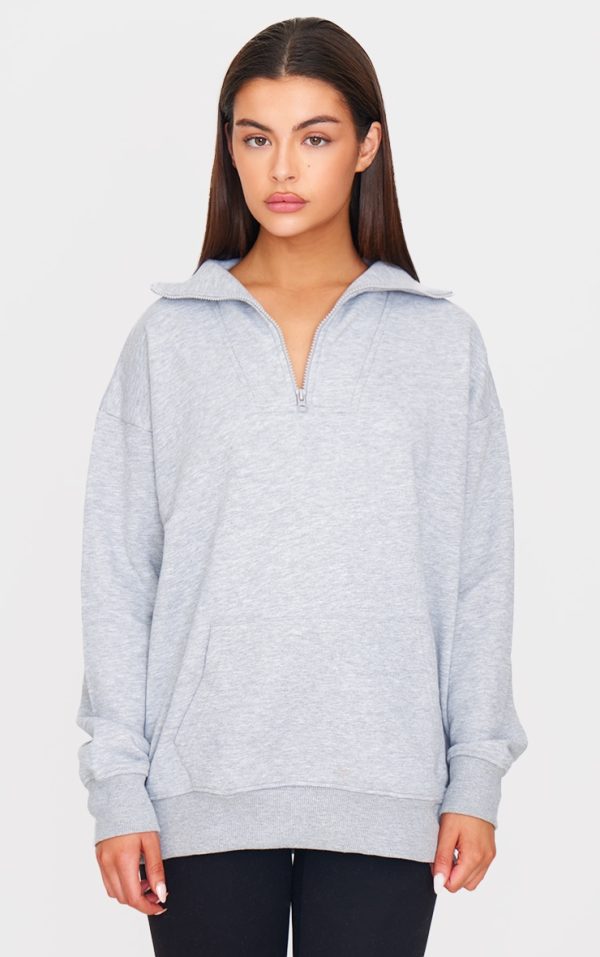 Grey Marl Zip Up Pocket Detail Sweatshirt