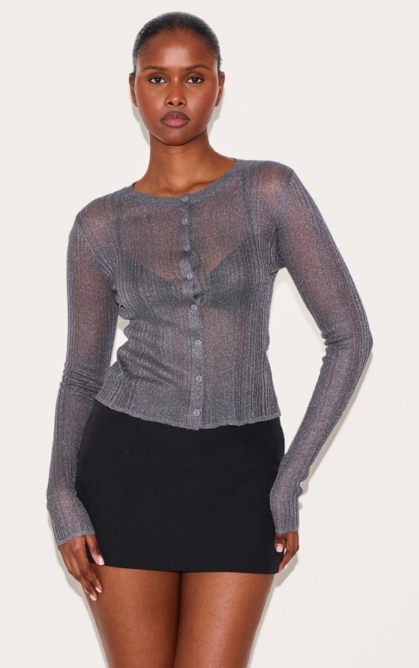 Charcoal Grey Sheer Knit Cardigan Grey