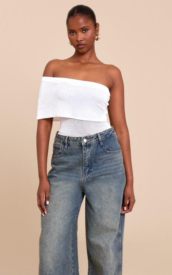 White Sheer Soft Touch Fold Over Detail One Shoulder Long Top