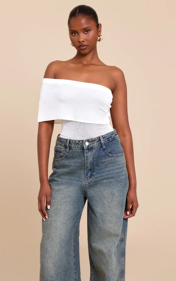 White Sheer Soft Touch Fold Over Detail One Shoulder Long Top