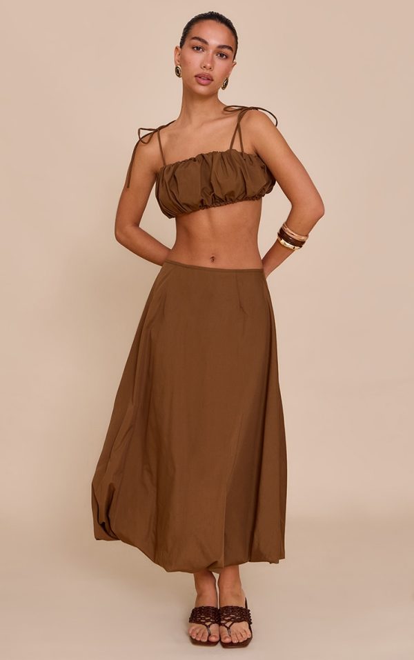 Chestnut Cotton Poplin Low Rise Maxi Puff Ball Skirt